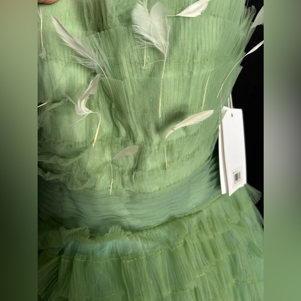 Mac Duggal 20530 NWT Strapless Ruffle Gown with Feathers in Sage - Picture 6 of 12